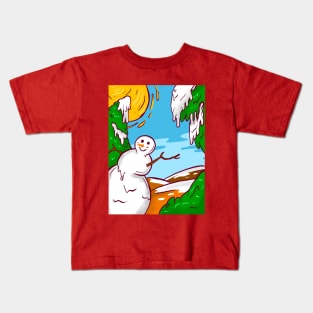 Cute Christmas Landscape With Snowman Kids T-Shirt